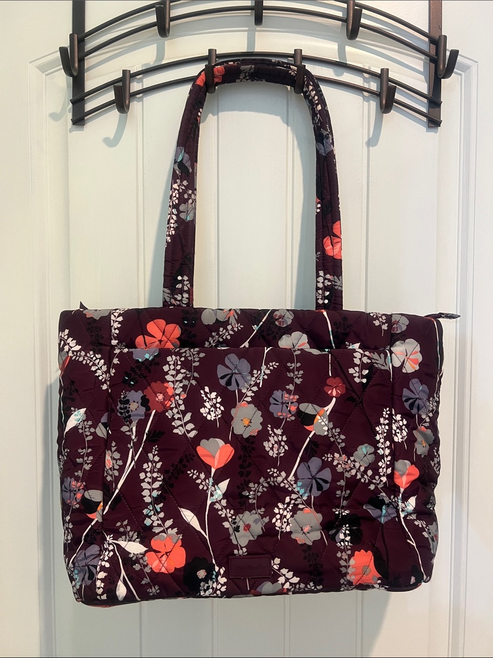 Vera Bradley Quilted Floral Tote in Plum with Coral Accents